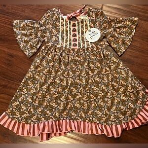 NWT Wildflowers Clothing Co. Brown Pink Floral dress Bell sleeves ruffle Fall 2